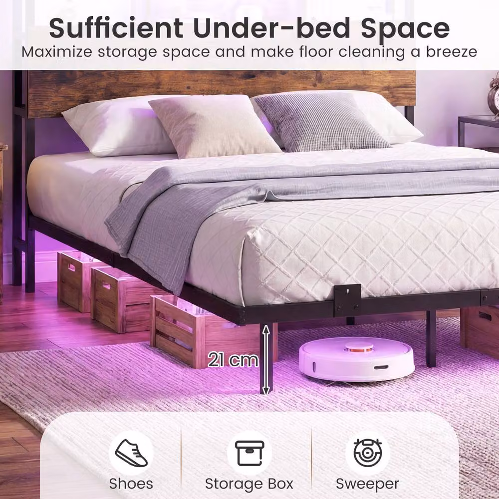 Costway King Size Floating Platform Bed Frame in Brown with LED Lights, USB Charging Port and Side Compartments, W/D/H: 180 x 200 cm – 5