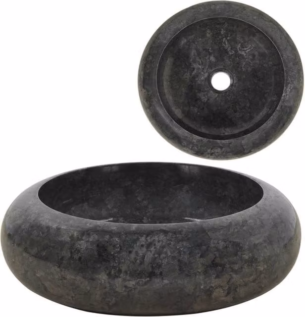 Berkfield Black Natural Stone Round Home Sink W: 40 cm, D: 12 cm, H: 12 cm – 1