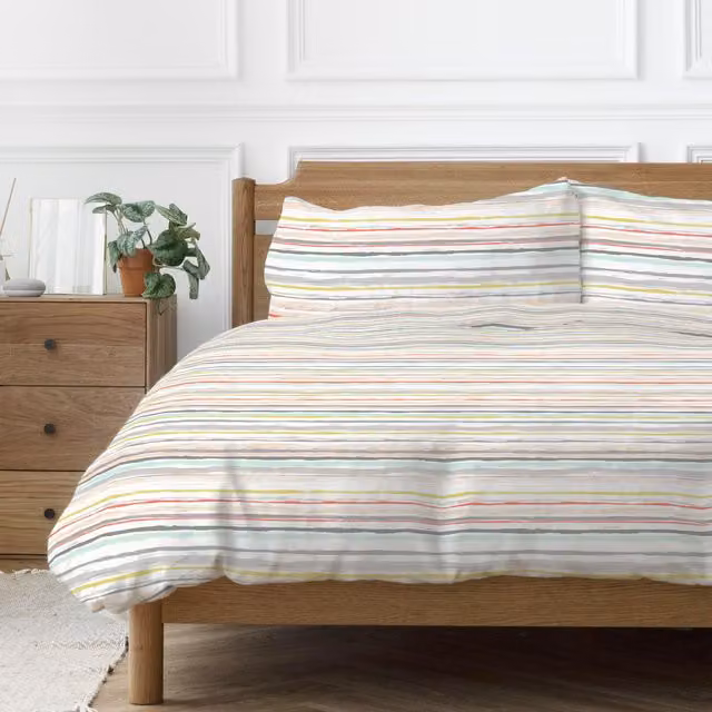 Copenhagen Home Modern Striped Polycotton Duvet Cover and Pillowcase Set, Multicolour and Silver, W: 180 cm, H: 200 cm