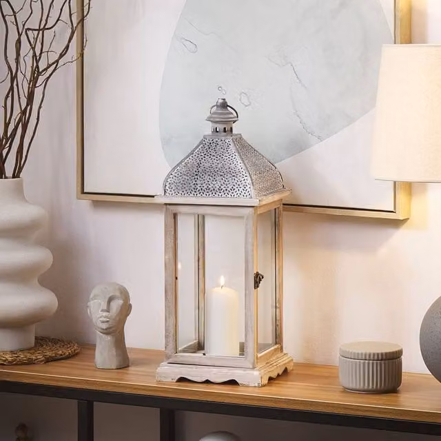 Wyld and Coco White Metal and Glass Pillar Candle Holder Lantern, Height: 47 cm
