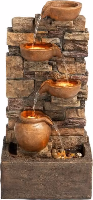 Teamson Home Brown 4-Tier Stacked Stone Cascading Outdoor Water Fountain with LED Lights, Height: 72.3 cm