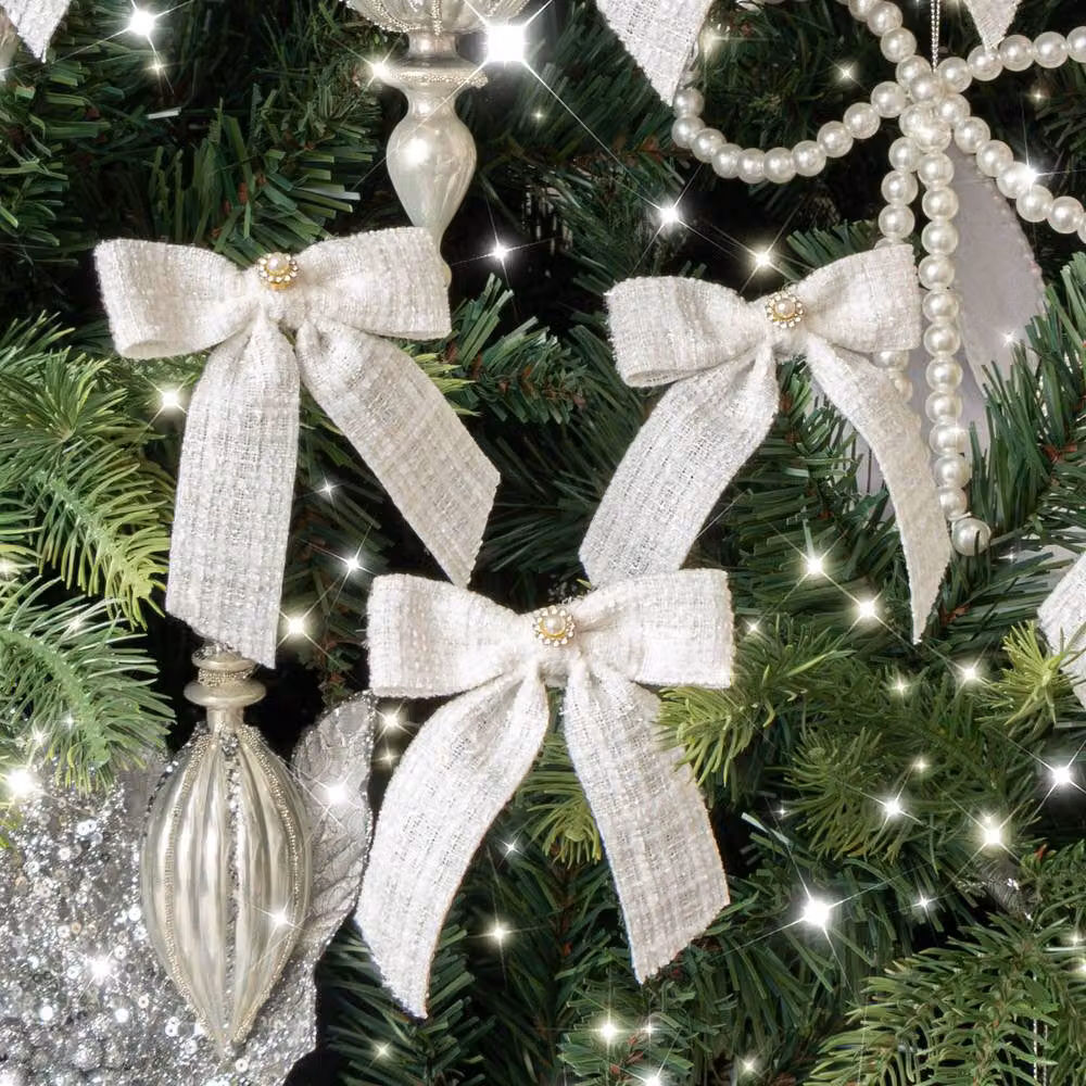 Melody Maison Set of 6 White Tartan Boucle Jewelled Christmas Bow Hanging Decorations – 3