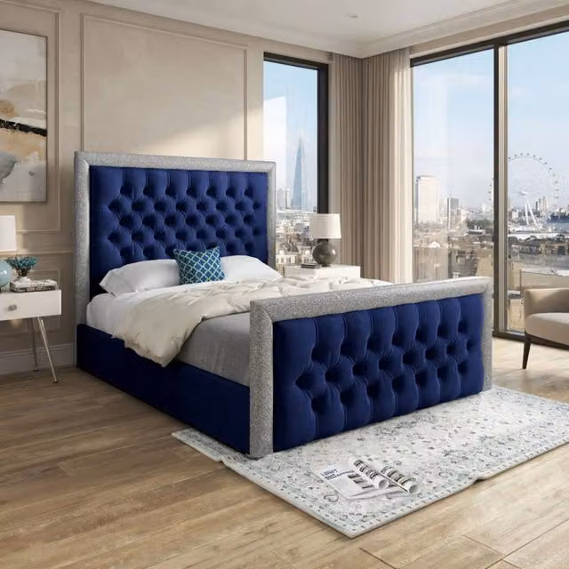 KDMD Wappenham Blue Soft Velvet Designer Bed Frame with Glitter Border, King Size (W/D/H: 180 x 159 x 137 cm) – 1