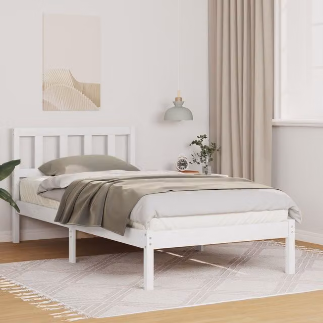 Berkfield Home White Solid Pine Wood Bed with Headboard W/D/H: 90 x 190 cm