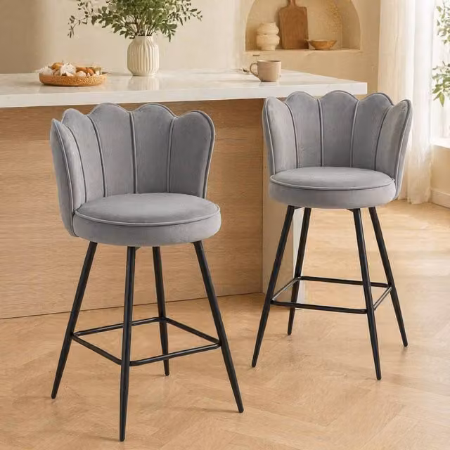 STILVORA Set of 2 Modern Bar Stools with Grey Polyester Fabric and Metal Legs