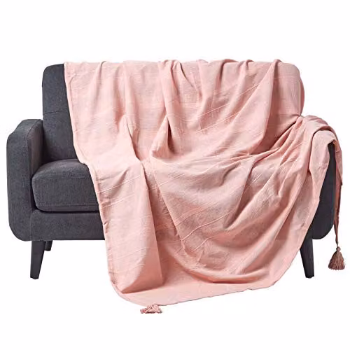 HOMESCAPES Rajput Ribbed Cotton Throw Bedspread, Pink, W/D/H: 150 x 200 cm – 1