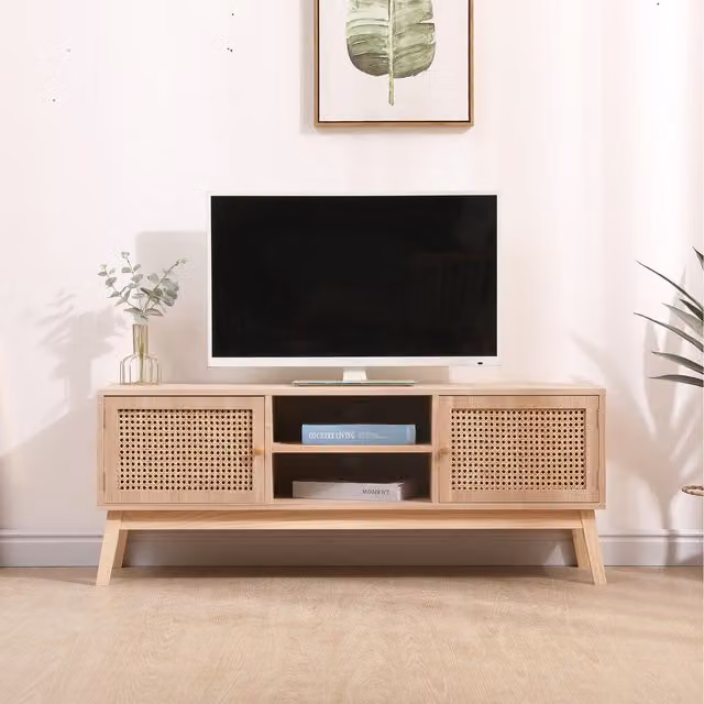 HMD Furniture Retro Rattan and Wood TV Stand in Natural Beige