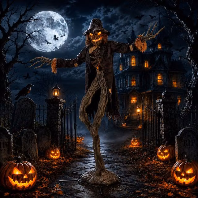 Home Accents 15ft Giant Sized Animated LED Worricrow Scarecrow Halloween Decoration in Orange and Multicolour