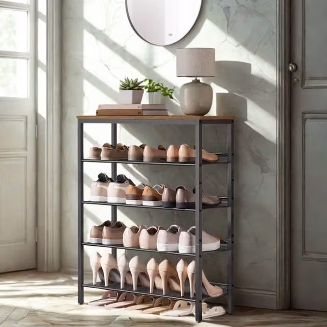 Pirlo Plush 5 Tier Industrial Shoe Rack Hallway Storage Organiser in Brown, H 75 cm x W 75 cm x D 30 cm – 1