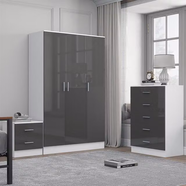 REFLECT Bedroom Furniture Bundle featuring 3-Door Plain Wardrobe, Chest of Drawers and Bedside Table in Grey Gloss and Matt White