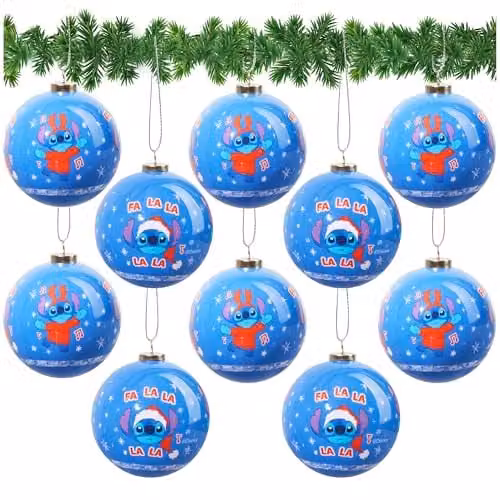 Disney Stitch Christmas Hanging Bauble Ornaments, Pack of 10, Blue and Purple