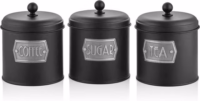 The Mia UK Black Coffee, Tea and Sugar Jar Set in Solid Metal