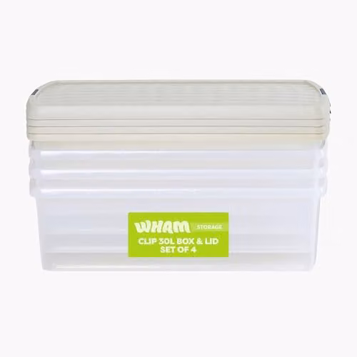 Wham 4 x 30L Rectangular Stackable Plastic Storage Boxes with Lids, Transparent and Beige