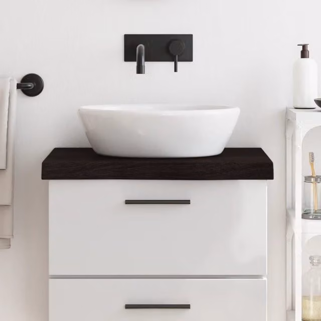 Berkfield Home Bathroom Countertop, Treated Solid Wood with Live Edge, Dark Brown and Grey, W: 60 cm, D: 60 cm, H: 2-6 cm