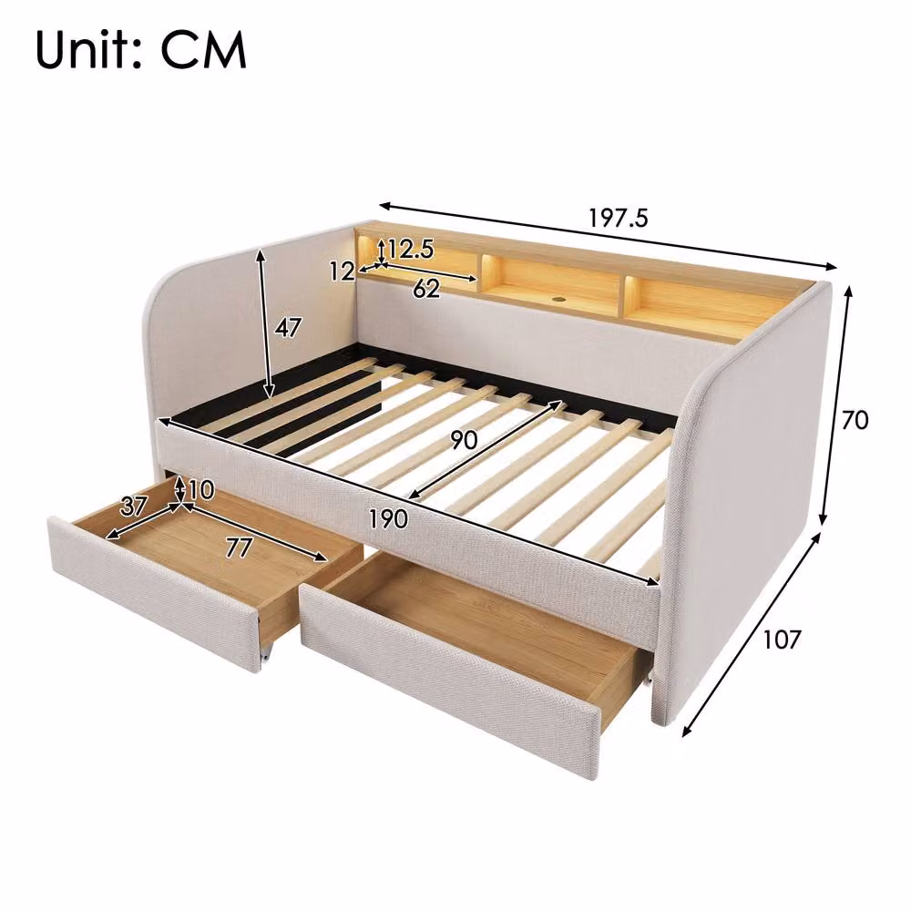 Rolipo Beige Upholstered Fabric Daybed with Storage, LED Lighting, USB Charging Port and 2 Drawers, W/D/H: 90 x 190 x 91.44 cm – 2