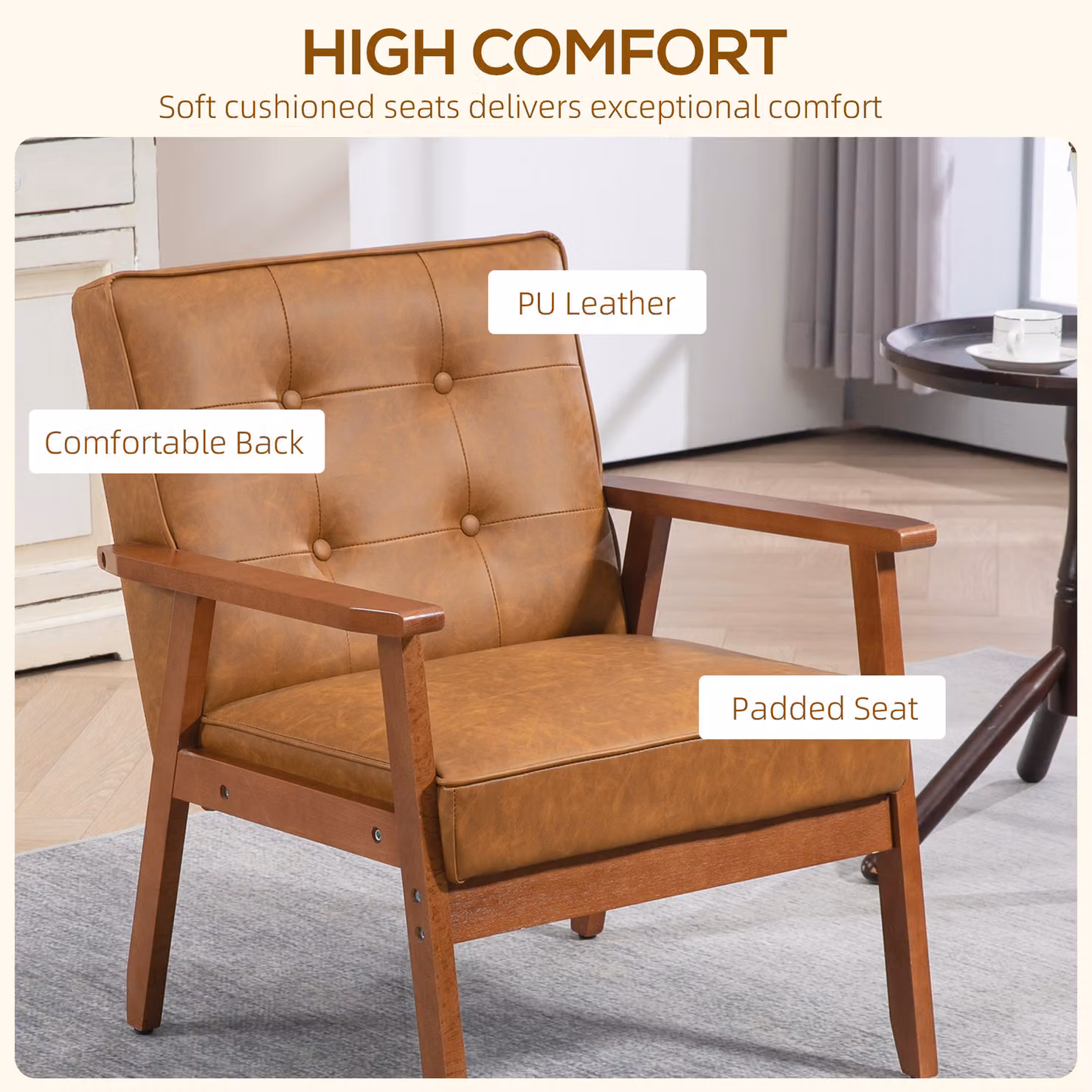 HOMCOM Set of 2 Retro-Style Accent Chairs with Brown Faux Leather Seats and Solid Wood Frames – 5