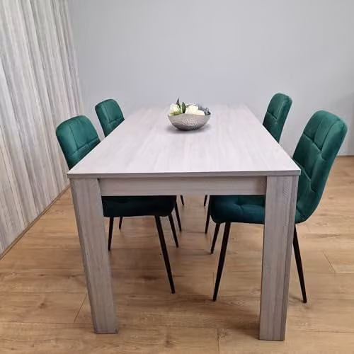 KOSY KOALA Modern Dining Table and 4 Green Velvet Chairs Set, Light Grey Rectangular Table, W/D/H: 117 x 77 x 75 cm