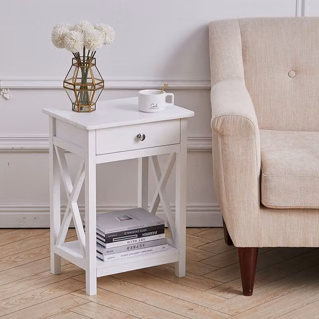 Livingandhome White Wooden Drawer Bedside Table