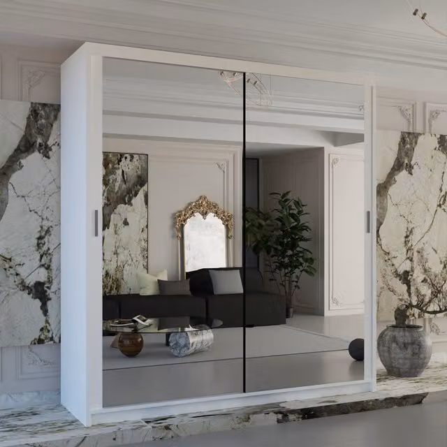 4U Double Mirror Sliding Wardrobe with LED Light and Integrated Drawers, White, W: 150 cm, H: 217 cm, D: 62 cm – 1