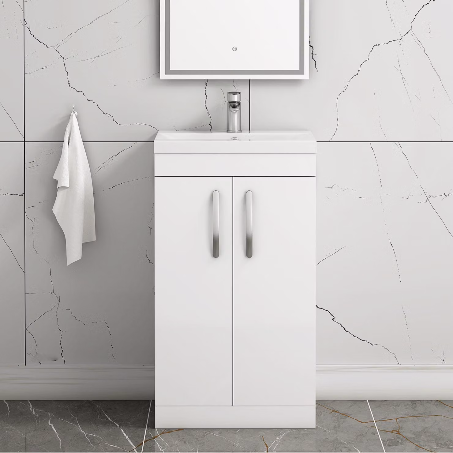 Royal Bathrooms Turin 500mm Floor Standing 2 Door Vanity Unit with Mid-Edge Basin, White Glossy Finish
