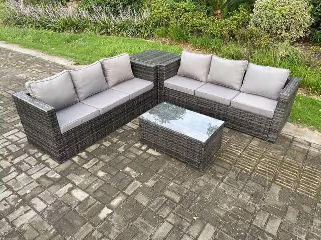 Fimous 6 Seater Rattan Garden Furniture Set with L-Shape Sofa, Coffee Table and Side Table in Dark Grey