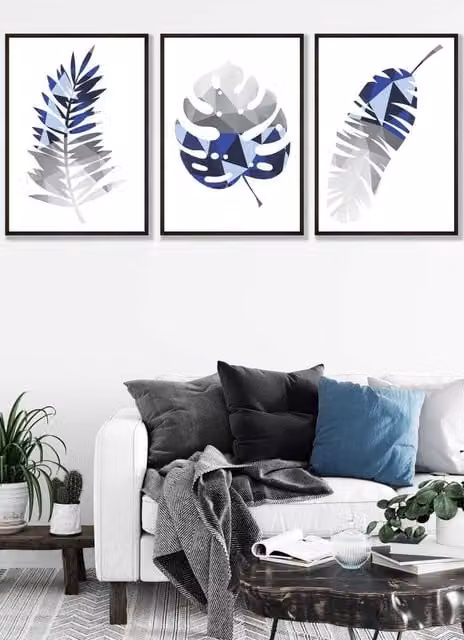 ARTZE Geometric Tropical Leaves Framed Wall Art in Navy Blue, Grey and Black, W: 53 cm, H: 73 cm, D: 0.2 cm