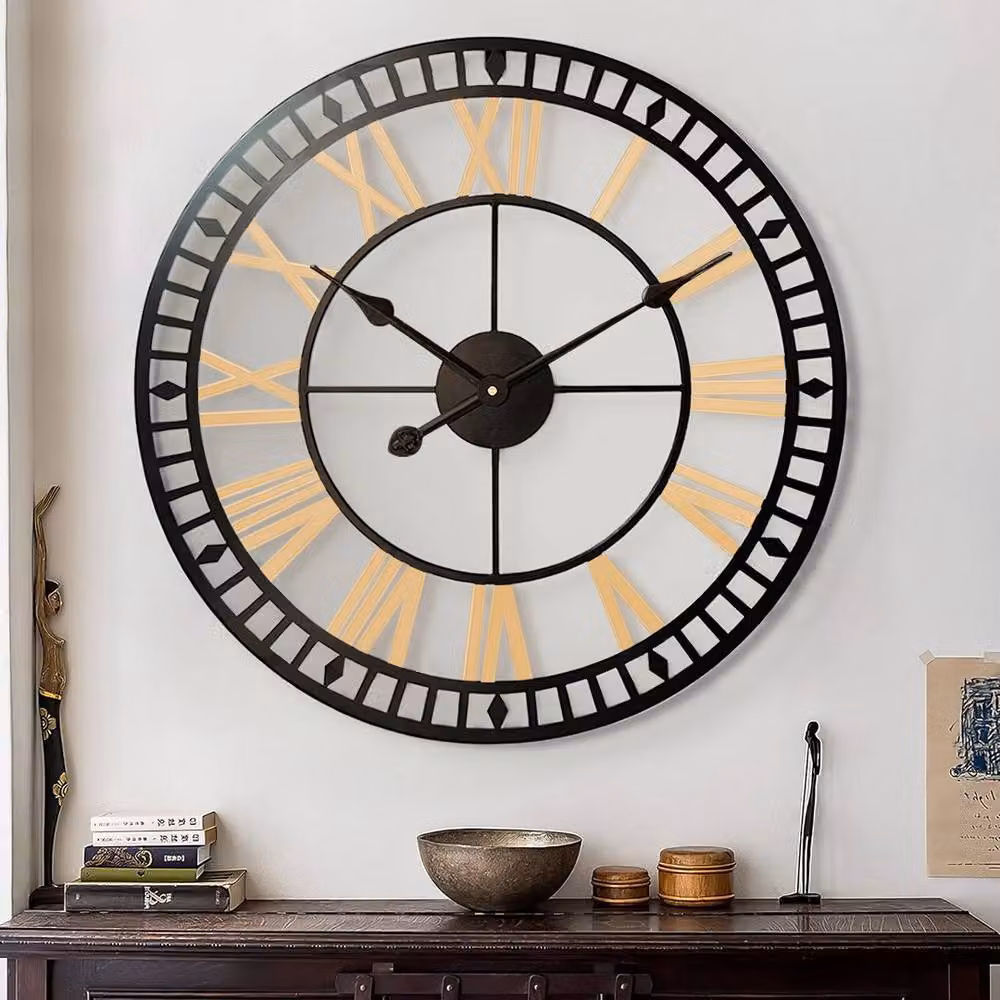 FLAVORA XL Large Skeleton Metal Roman Wall Clock in Black, Diameter: 100 cm – 4