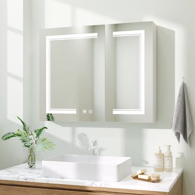 Livingandhome White Wall-Mounted Bathroom Mirror Cabinet with Dimmable LED Lighting, Anti-Fog Demister and Shaver Socket