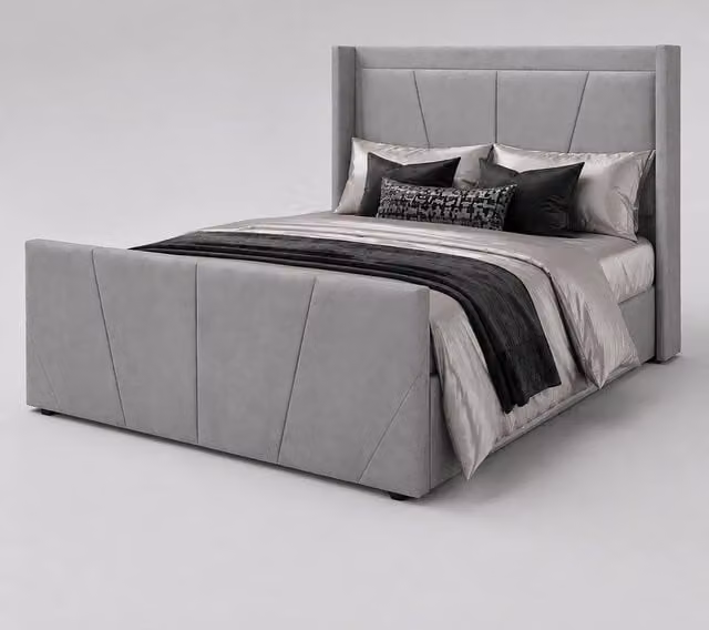 Harmin Sunshine Grey Plush Velvet Ottoman Winged Bed with Lift Up Base, W/D/H: 140 x 200 x 126.5 cm