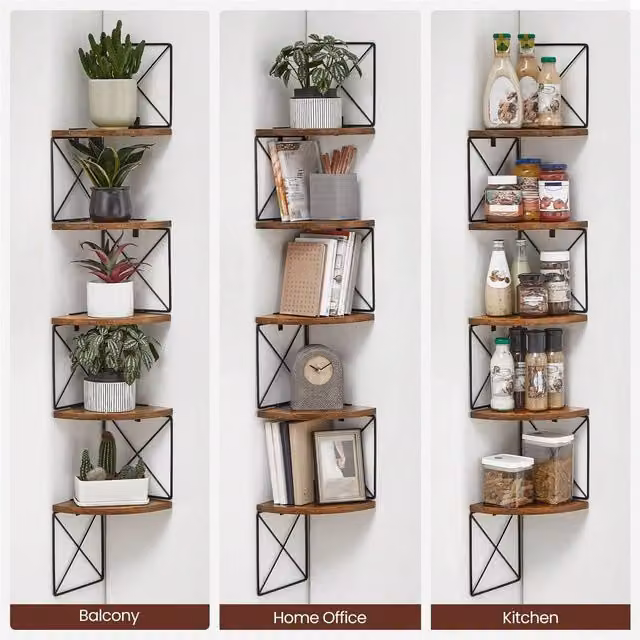 VASAGLE Industrial Style Wall Mounted 5-Tier Corner Shelf in Brown and Black
