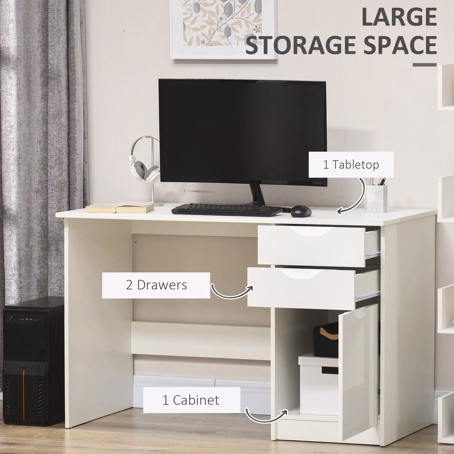 HOMCOM Modern Glossy White Computer Desk and Writing Workstation for your Home Office – 2