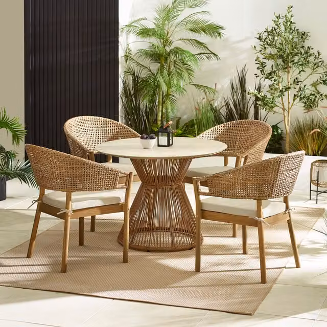 FurnitureboxUK Lanai Round Garden Dining Set with 4 Chairs in Beige and Petrol, Diameter: 60 cm