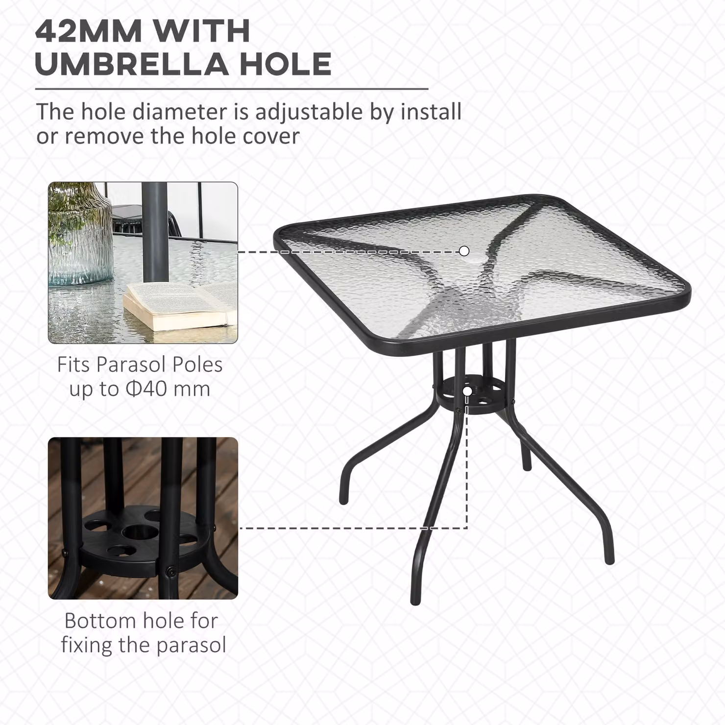 Outsunny Modern Square Bistro Patio Table with Matt Black Powder Coated Steel Frame and Tempered Glass Top featuring Umbrella Hole – 3