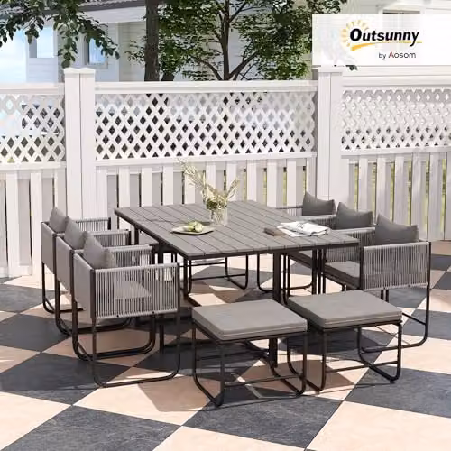 Outsunny 11-Piece Rattan Garden Dining Set with Modern Grey Cushions – 2