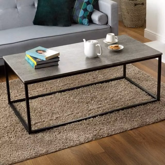 KORVIXA Industrial Concrete Effect Square Coffee Table with Metal Frame, Grey, W: 100 cm x D: 100 cm – 1