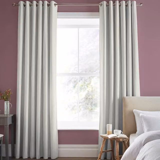 Laura Ashley Candy Stripe Blackout Cotton Fabric Panel Curtain in Pale Ochre and White with Eyelets