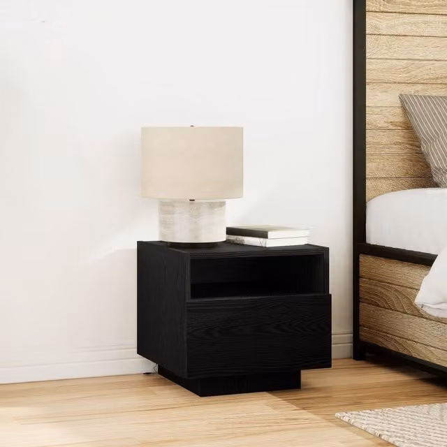 Berkfield Home Set of 2 Black Oak Bedside Cabinets with Integrated LED Lights, W/D/H: 40 x 39 x 37 cm