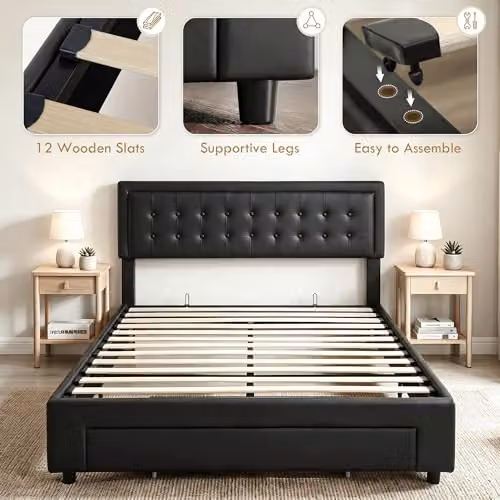 HOMCOM Upholstered Lift Up Ottoman Bed in Black, W/D/H: 150 x 200 x 95 cm – 7