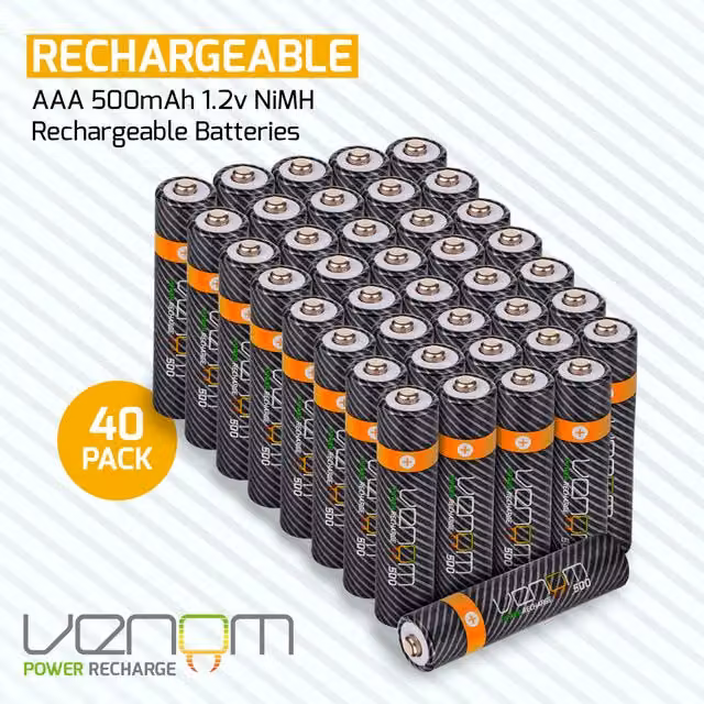 Venom 500mAh Rechargeable AAA Batteries, 40-Pack, Black