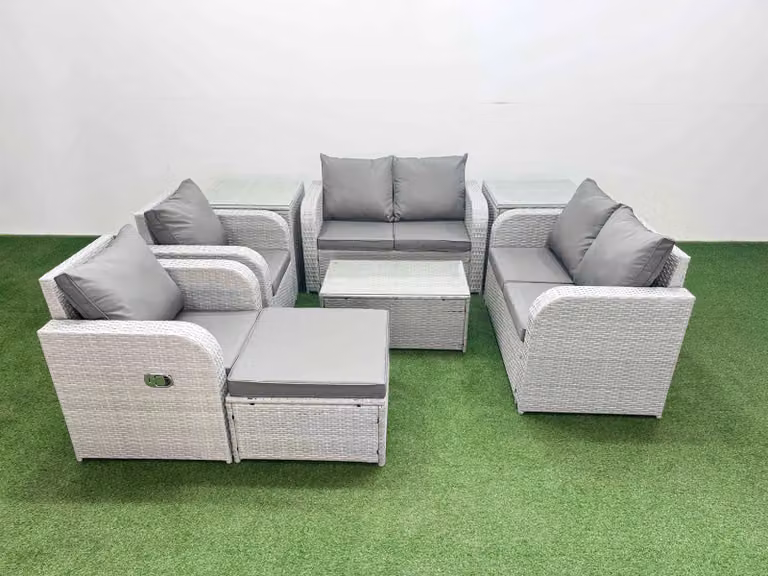 Fimous 7 Seater Rattan Garden Furniture Set in Light Grey with Reclining Sofa, Coffee Table, Ottoman and Side Tables