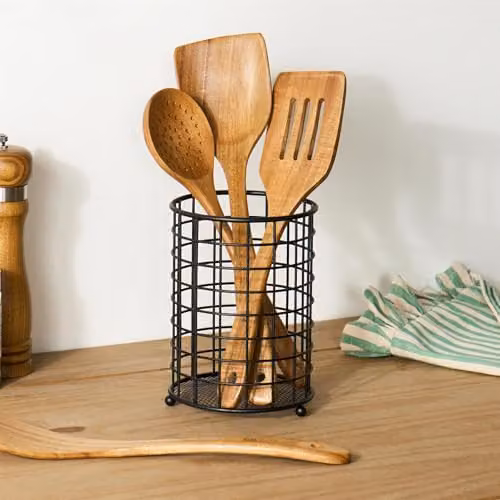 OHS Black Metal Freestanding Kitchen Utensil Holder and Anti-Slip Cutlery Organiser, H 18.0 x W 13.0 x D 13.0 cm – 1