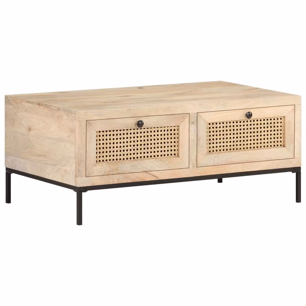 Berkfield Home Coffee Table in Light Brown, Solid Mango Wood and Natural Cane, W/D/H: 90 x 50 x 37 cm – 1