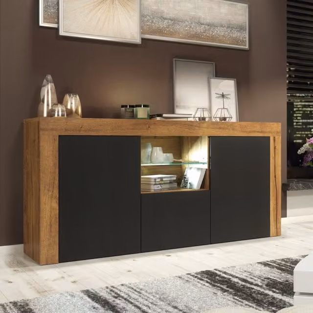 Creative Furniture Aurora Modern Sideboard in Brown and Black Oak with Integrated Lighting, W: 145 cm