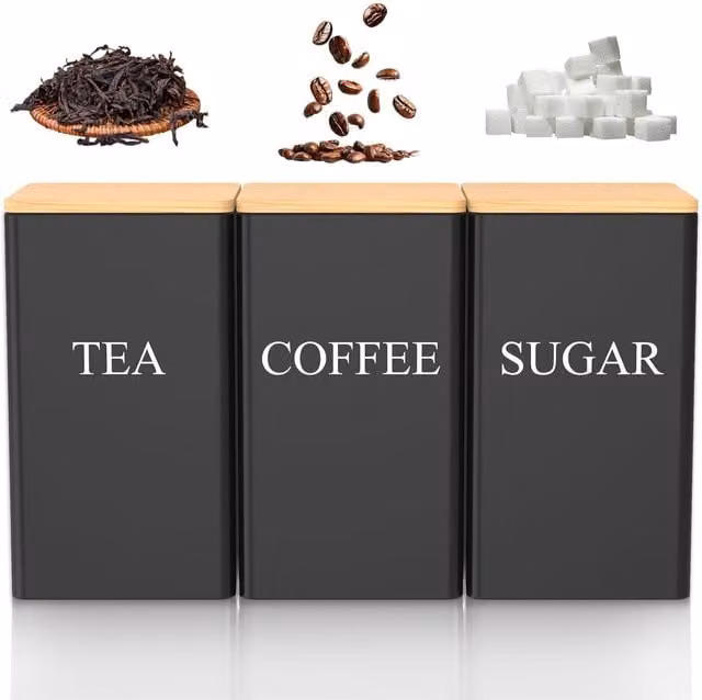 MantraRaj Set of 3 Black Enamel Ceramic Tea, Coffee and Sugar Canister Storage Jars