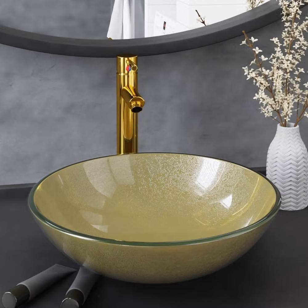 Berkfield Home Gold Tempered Glass Round Countertop Bathroom Sink with Tap and Push Drain – 1