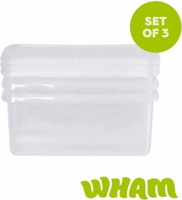 Wham 3 x 10.5L Rectangular Stackable Plastic Storage Boxes with Clip Lock Lids, Clear/Green