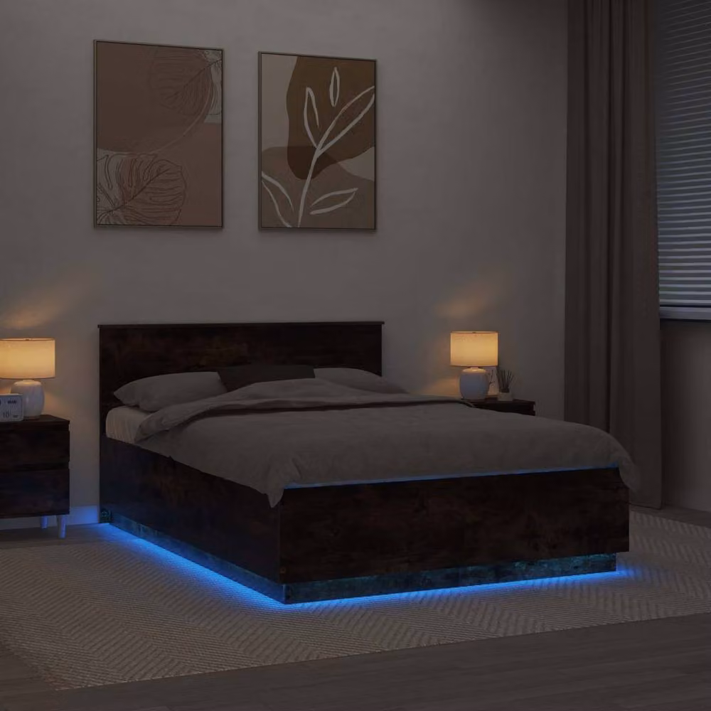 Berkfield Home Modern Smoked Oak Bed Frame in Brown with Under-Bed Lighting and USB Charging Port, W: 150 cm, D: 200 cm – 4