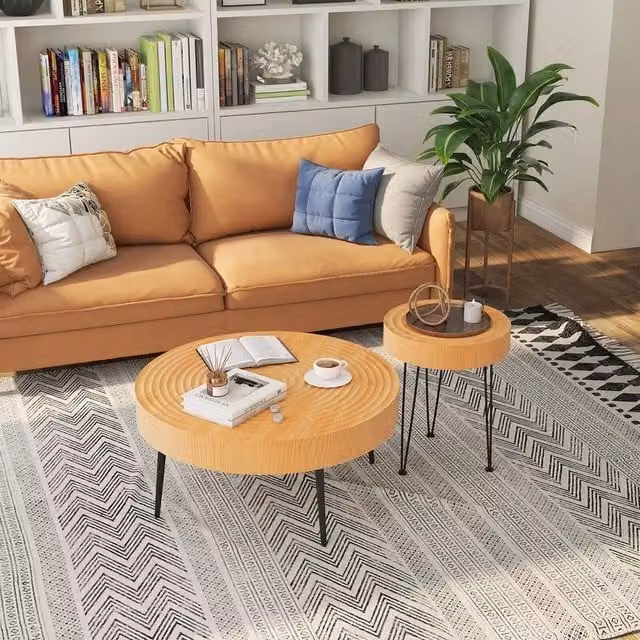 NESTLUNE Set of 2 Modern Round Nesting Coffee Tables in Brown Wood and Metal