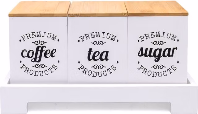 Maison Des Cadeaux 3 Piece Airtight Tea, Coffee and Sugar Canister Set in White and Bamboo