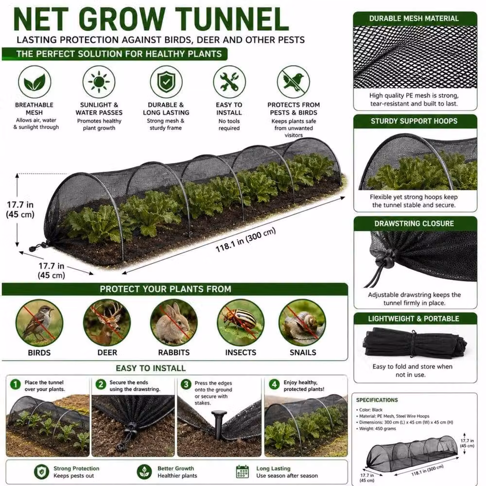 FLAVORA Garden Net Grow Tunnel Plant Protection Mesh Cover, Black, W: 100 cm, D: 45 cm, H: 15 cm – 3